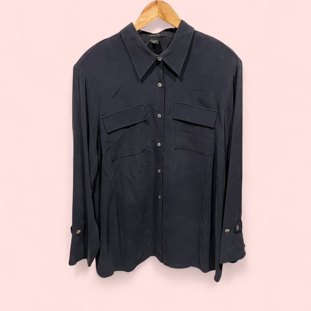Beautiful navy Vintage 80s-90s Mel & Lisa oversized silk blouse NWT pockets 2X